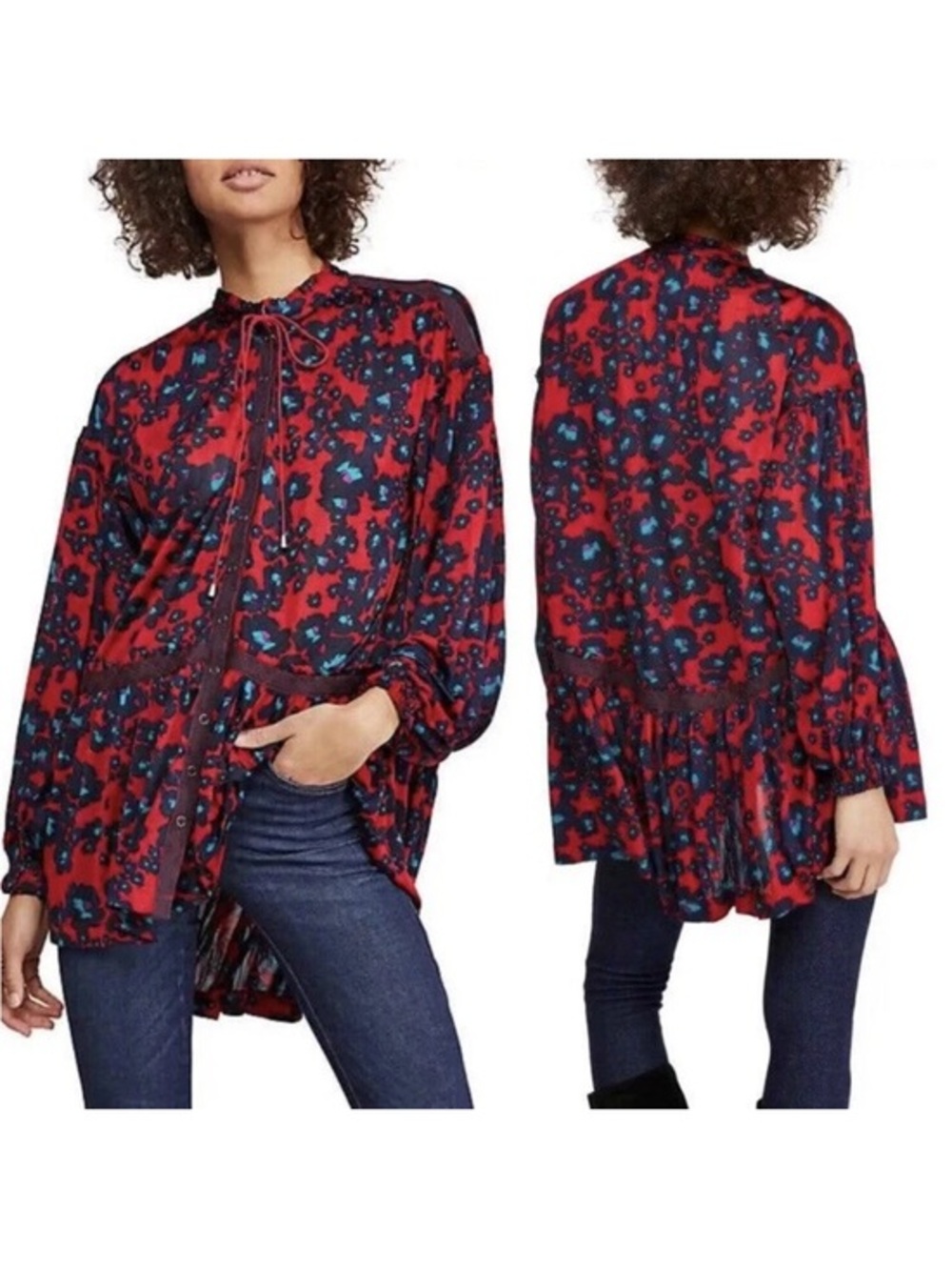 Free People Love Letter Tunic Top Mini Dress Merlot Combo Floral Red Blue